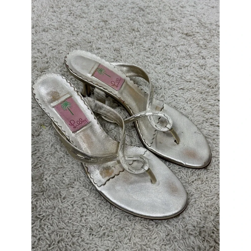 Lilly Pulitzer Metallic Gold Thong Kitten Heel Slip On Sandals Size 9.5 Resort - Picture 4 of 12